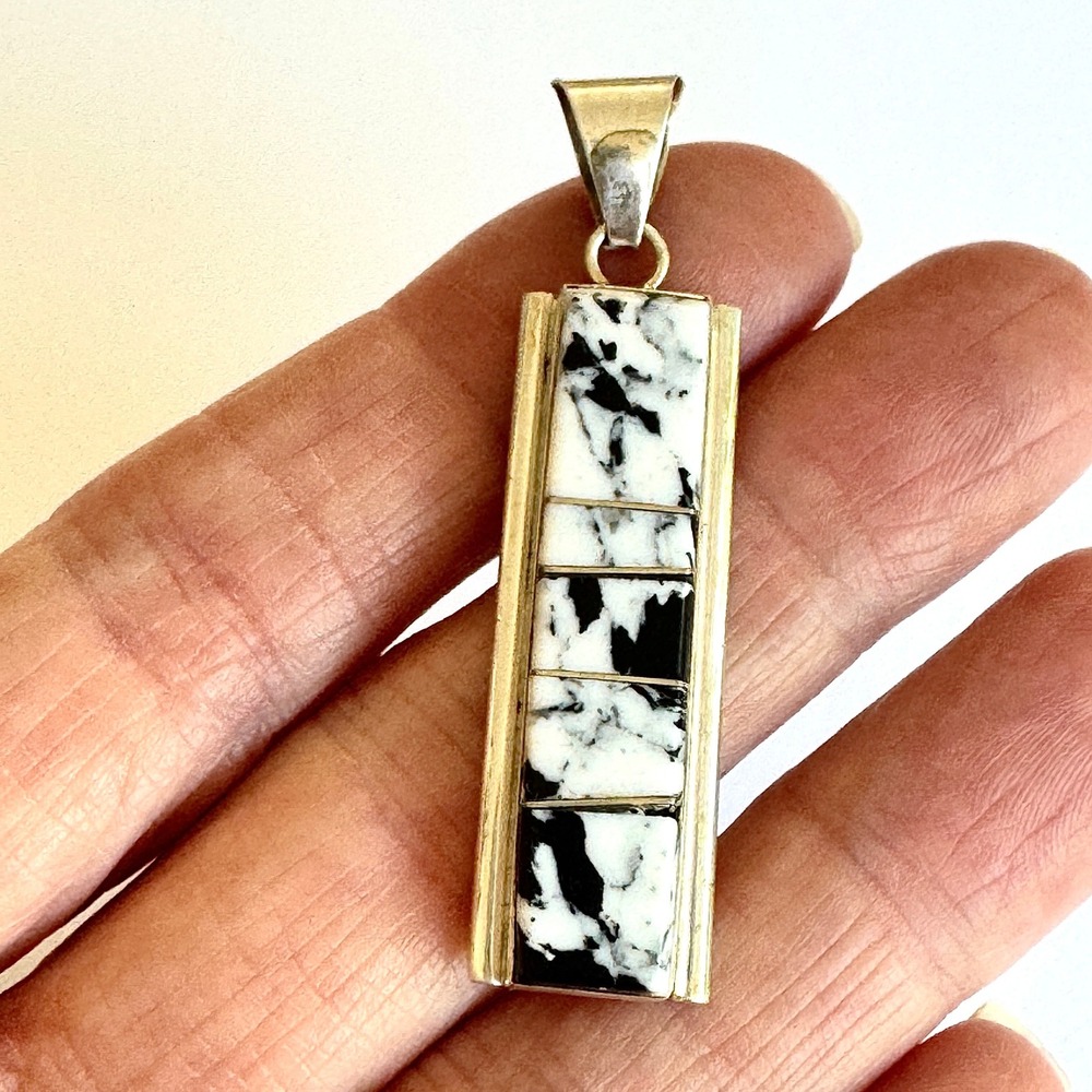 Navajo Inlay Pendant White Buffalo Sterling 1.75in Signed Francisco Native Turq
